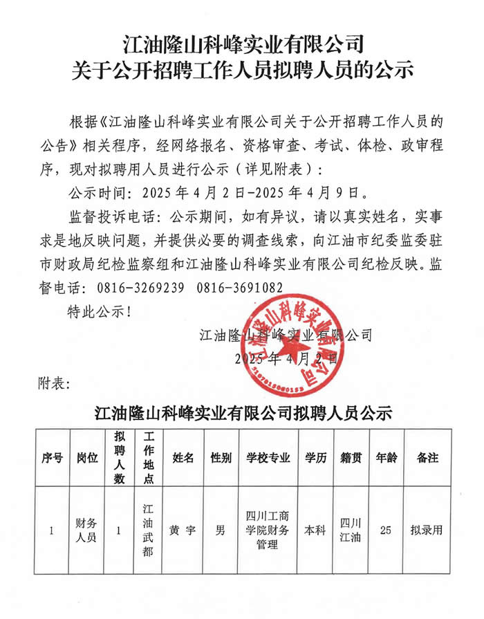关于公开招聘工作人员拟聘人员的公示