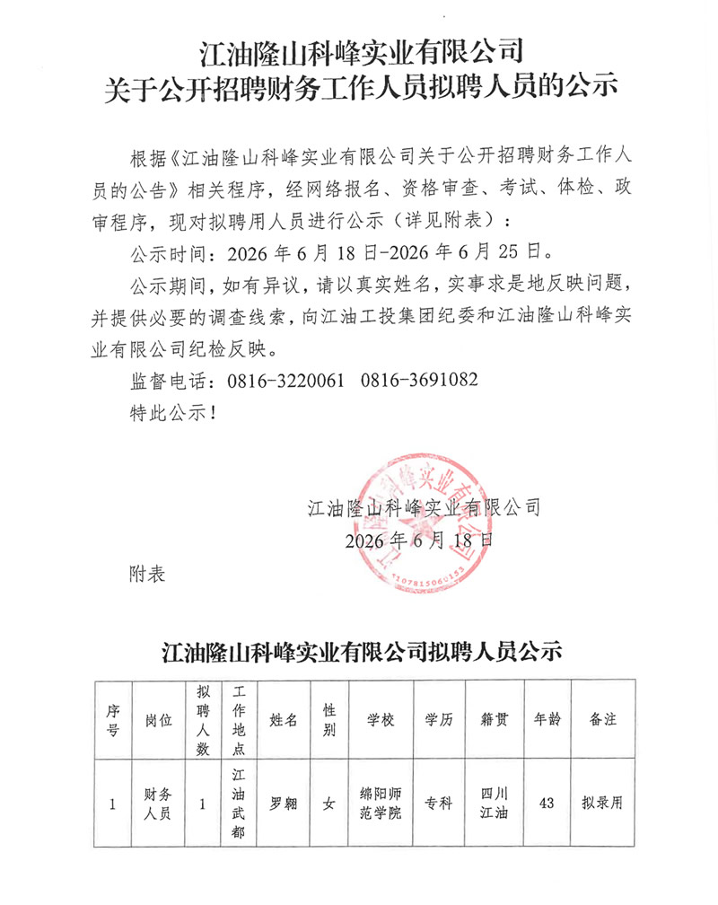 关于公开招聘财务工作人员拟聘人员的公示